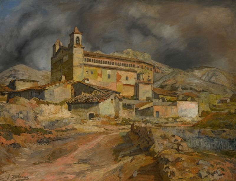 La Iglesia De Maluenda by Ignacio Zuloaga, oil on canvas depicting a church in a landscape.