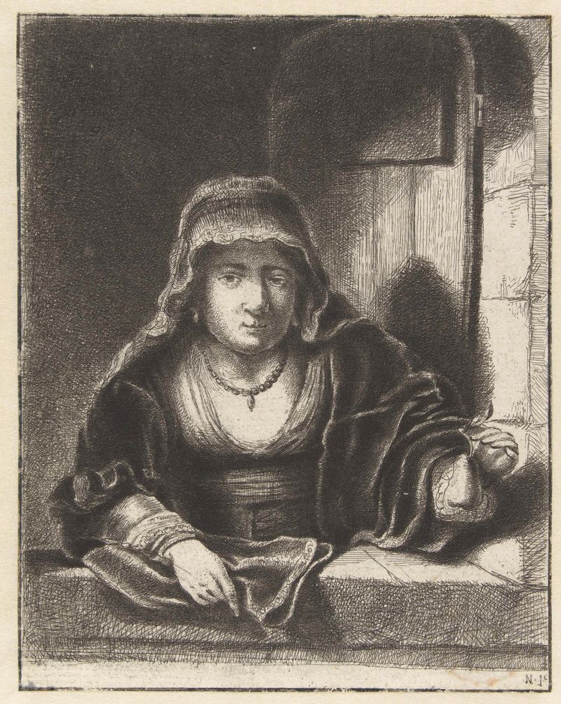 Retrato de una joven sosteniendo una pera, grabado de Unknown Artist