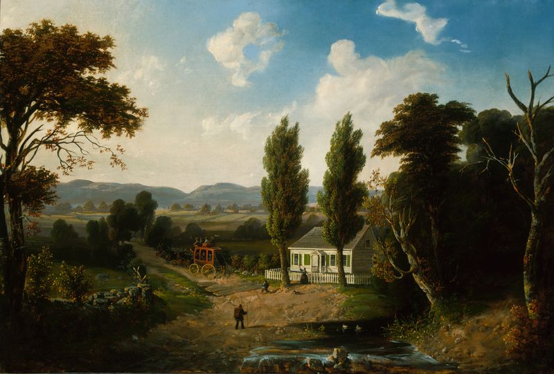 Landscape with Stagecoach, óleo sobre lienzo de Henry Boese, con un coche de caballos en un vibrante campo.