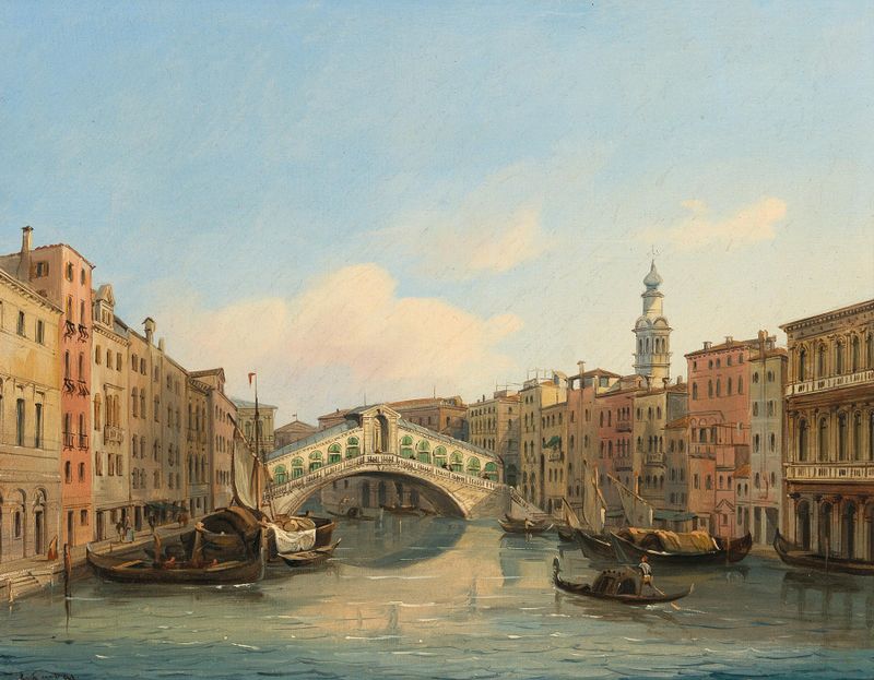 The Rialto Bridge over water, by Carlo Grubas, medium unknown