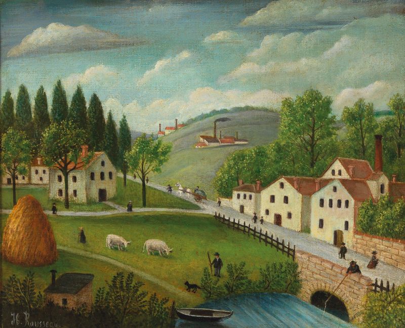 Pastoral landscape with stream, fisherman and strollers, oil on canvas by Henri Rousseau