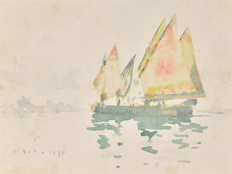 Venetian Barges by Henry Scott Tuke, oil on canvas, depicting boats on a sunlit lagoon.