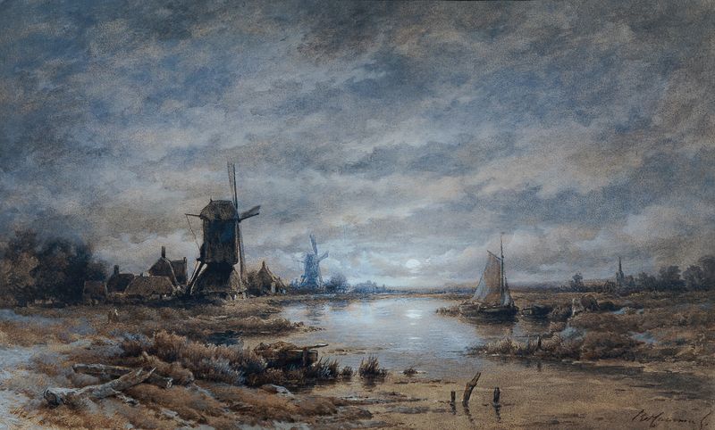 Landscape with windmills and ships by Remigius Adrianus van Haanen, oil painting