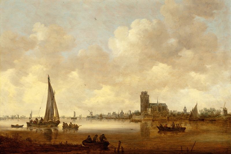 Vista de Dordrecht de Jan van Goyen, pintura al óleo que representa un paisaje fluvial al atardecer