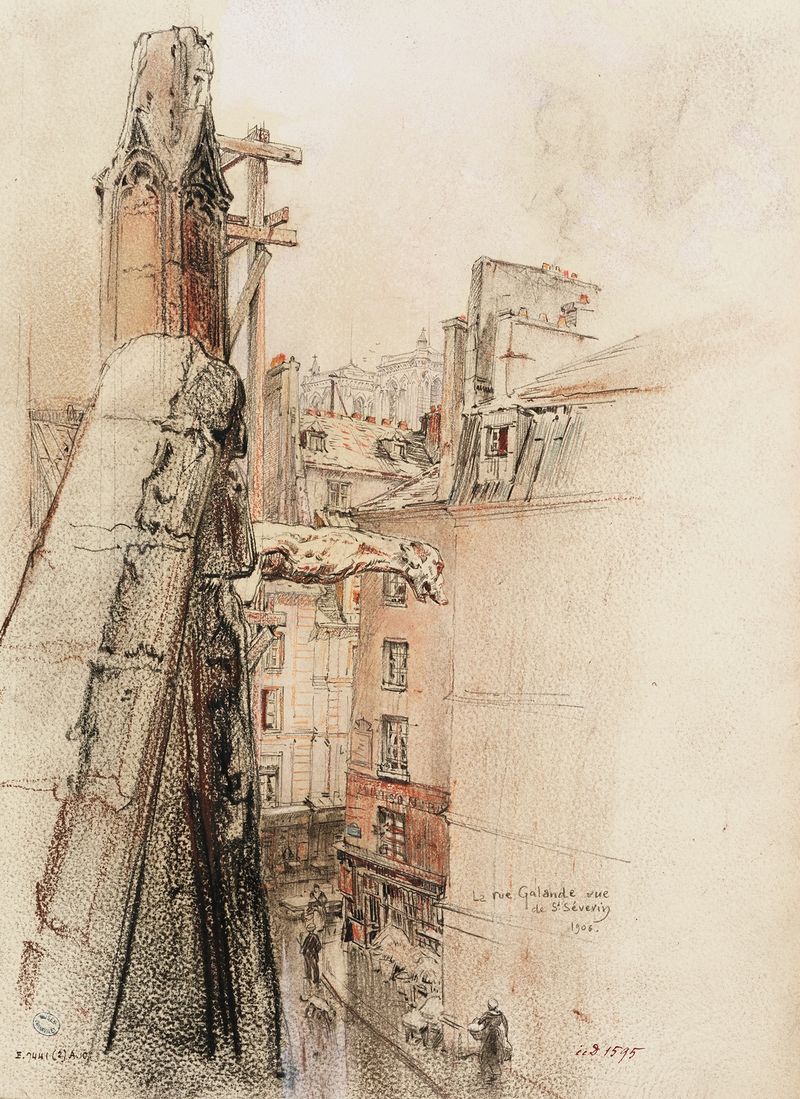 Rue Galande, 1906 de Charles Jouas, pintura al óleo que muestra techos y luz.