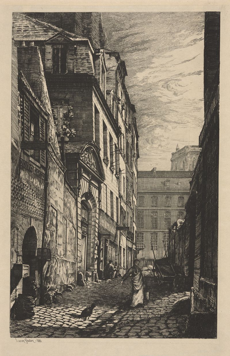 Rue Saint Julien en Pauvre by Lucien Marcelin Gautier, Impressionism, depicting a Paris street with light and shadows.