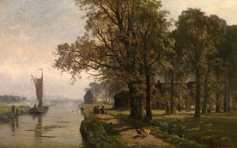 Souvenir of Gouda, oil on canvas by Edmond de Schampheleer, featuring a figure by the river.