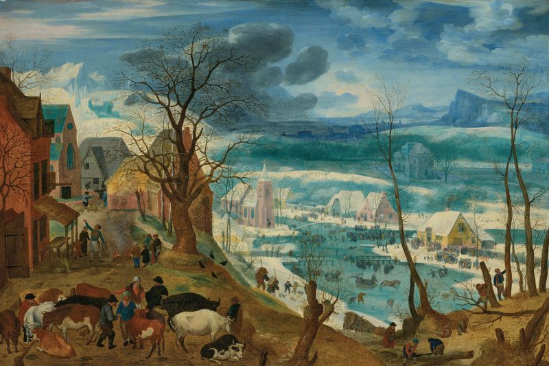 A winter landscape with peasants and cattle by Jacob Savery the Elder, oil painting