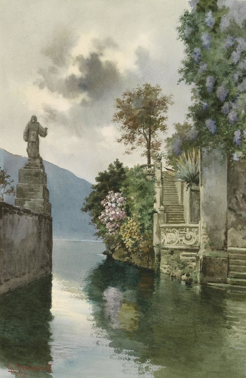 Realism artwork by Alberto Prosdocimi depicting stone steps leading to a lake.