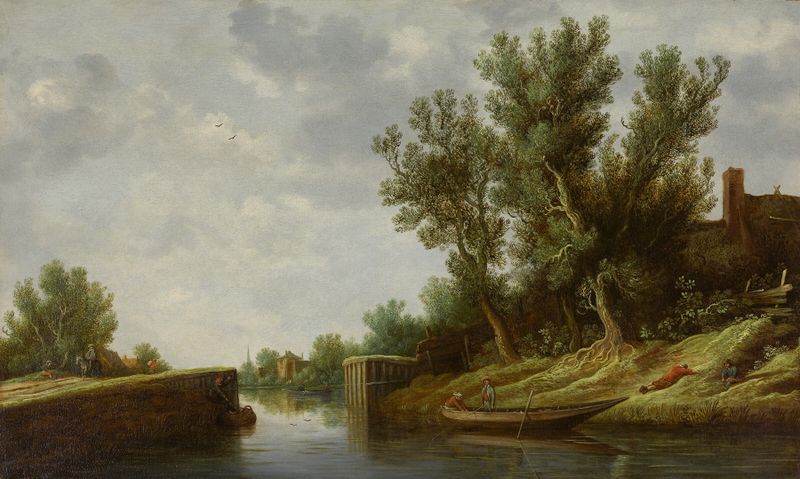 A river landscape with a sluice gate and boats by Pieter de Neyn, oil painting
