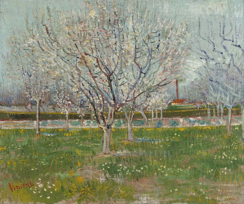 Orchard in Blossom by Vincent van Gogh, oil on canvas, featuring vibrant plum blossoms in spring.
