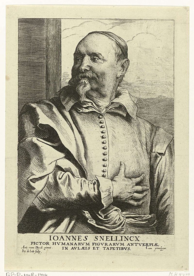 Retrato de Jan Snellinck, gravura de Pieter de Jode, iluminado por luz dourada quente.