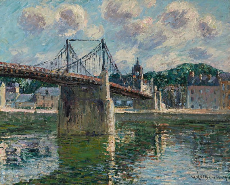Le Pont Suspendu D’elbeuf by Gustave Loiseau, oil on canvas, depicting a suspension bridge over a river.