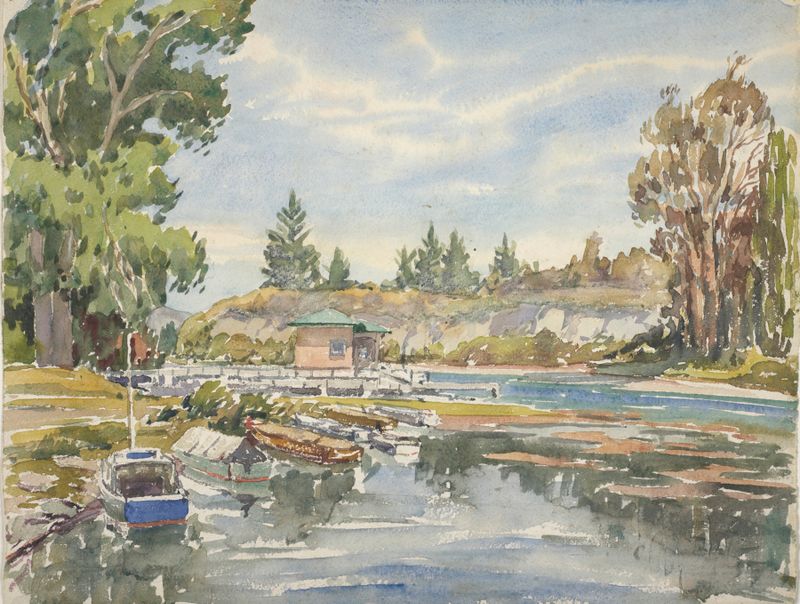 Lake Taupo outlet de Roland Hipkins, óleo sobre tela que retrata uma paisagem serena.