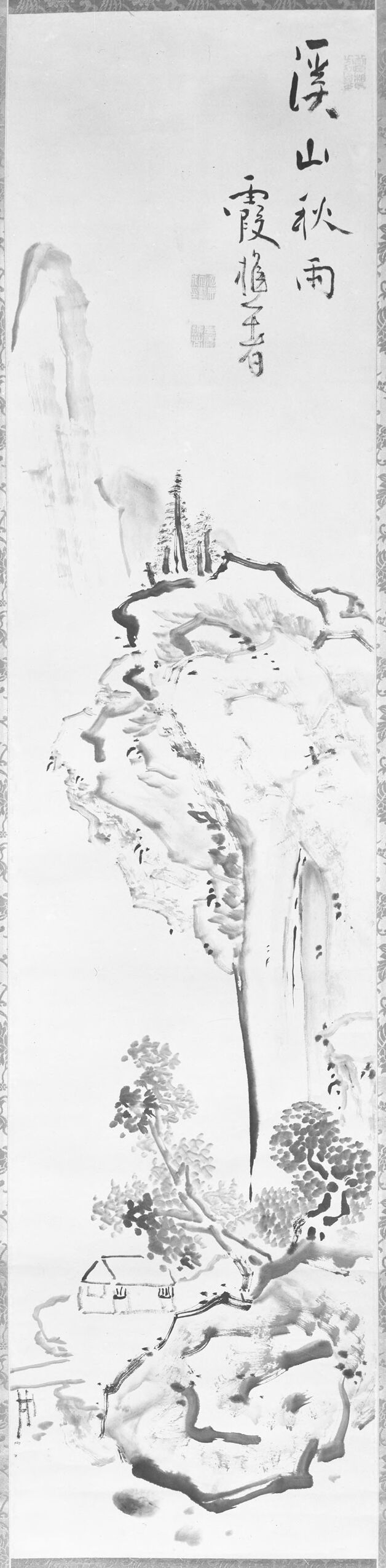 Landscape of mountains in autumn rain, ink on paper by Ikeno Taiga.