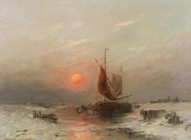 Marine scene of fishermen returning at sunset, oil painting by Désiré Thomassin