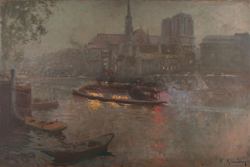 Bateau-Mouche sur la Seine, le soir de Adolphe-Ernest Gumery, óleo sobre lienzo que muestra un barco en el Sena