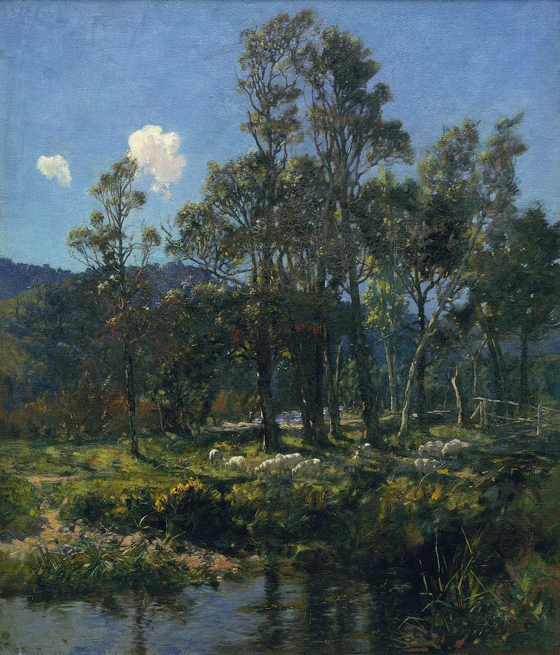 Changing Pasture de James Nair, pintura a óleo que retrata uma paisagem tranquila com luz dourada.