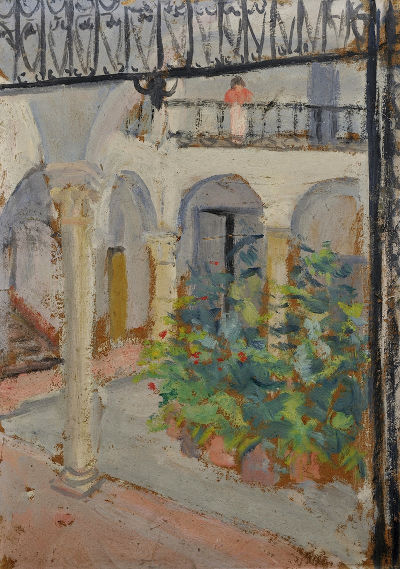 Arcaded Courtyard in a Spanish House, óleo sobre tela de Ernst Schiess, com arcos e piso de azulejos.