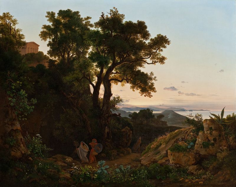 Italian landscape with Aeneas and the Cumaean Sibyl, oil painting by Beniamino De Francesco