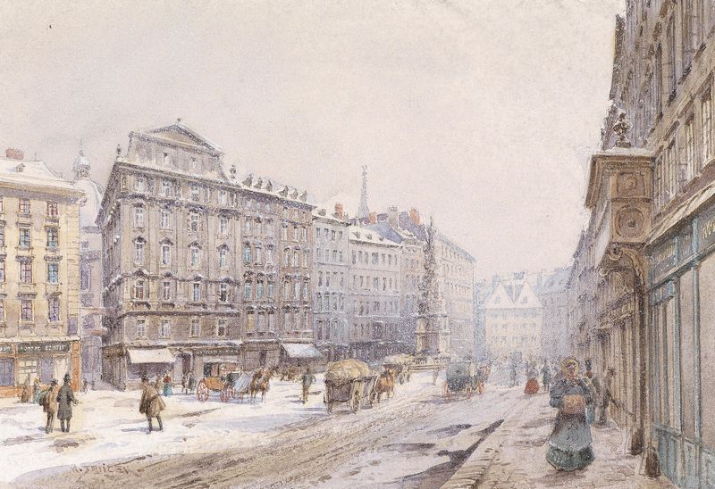 Wien Graben de Karl Wenzel Zajicek, pintura a óleo com tons terrosos vibrantes e texturas em espiral.