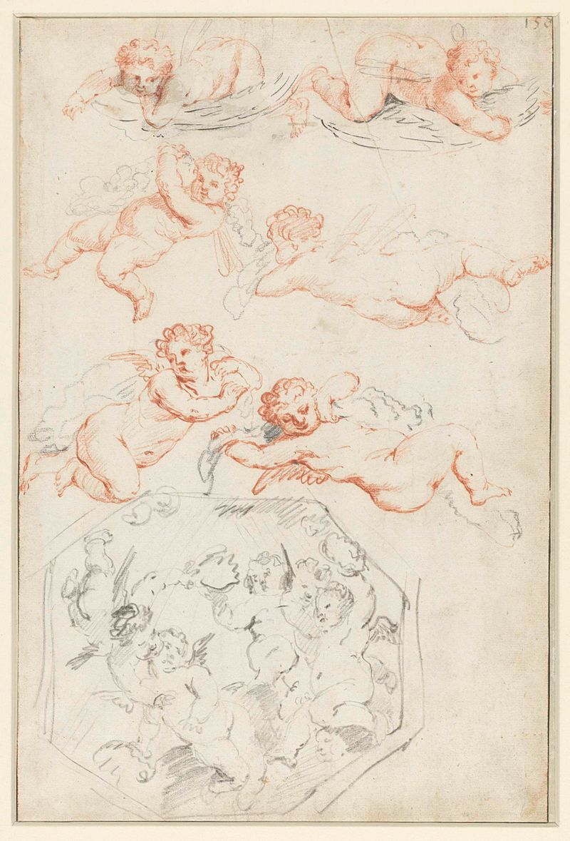 Studies van putti, tinta sobre papel de Unknown Artist, representando figuras querubinas en una danza juguetona.
