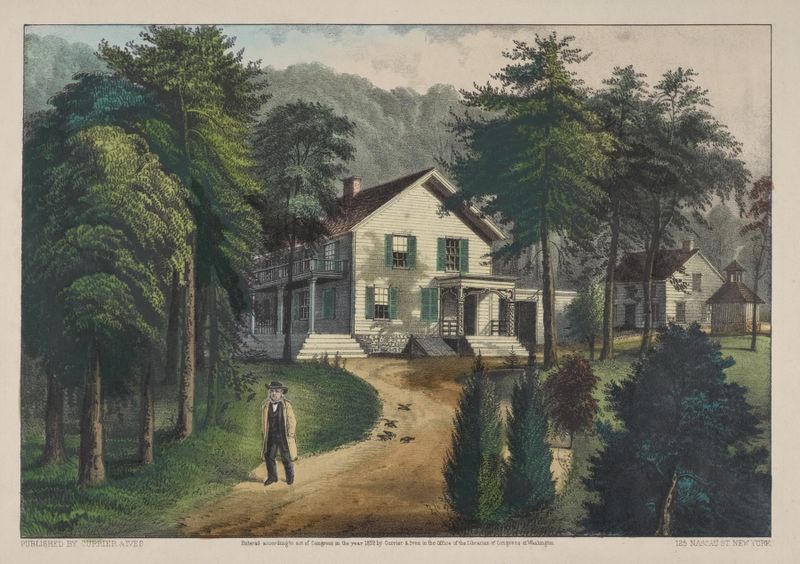 Litografia de Chappaqua Farm de Currier & Ives mostrando uma residência cercada por campos