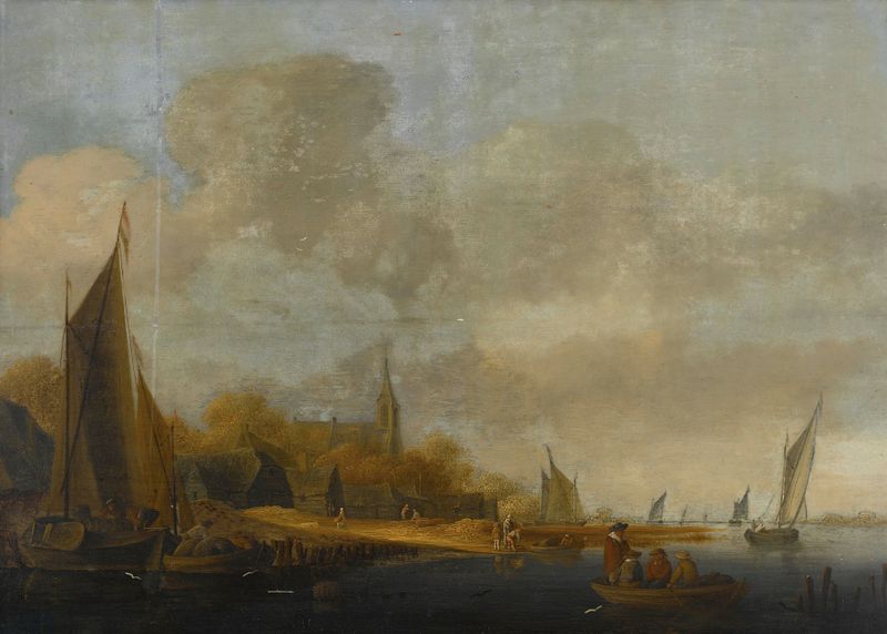 River Landscape de Jan Coelenbier, pintura al óleo que representa un río sereno y vegetación exuberante.
