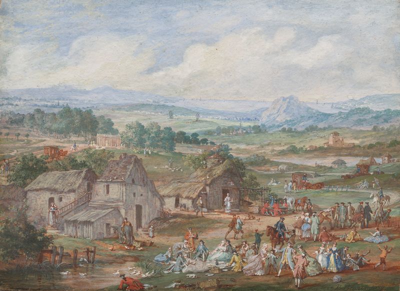 A Party Picnicking Near a Village, oil on canvas by Louis-Nicolas van Blarenberghe depicting a joyful gathering.