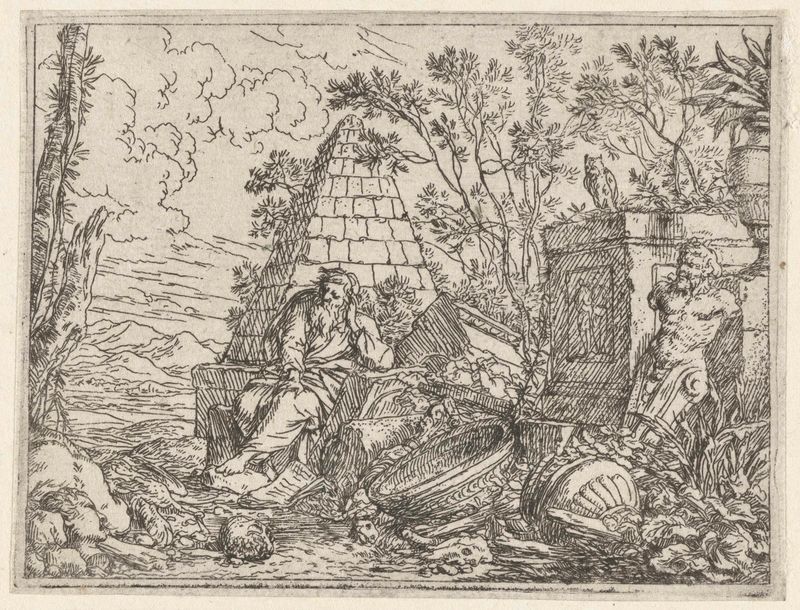 Etching of Democritus by Jonas Umbach, depicting contemplation and soft light.