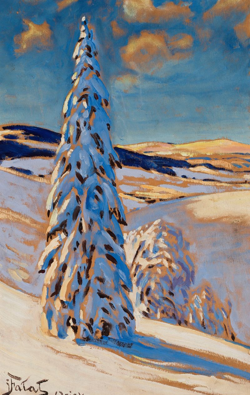 Winter landscape oil painting by Julian Falat featuring snow-covered ground and dark trees.