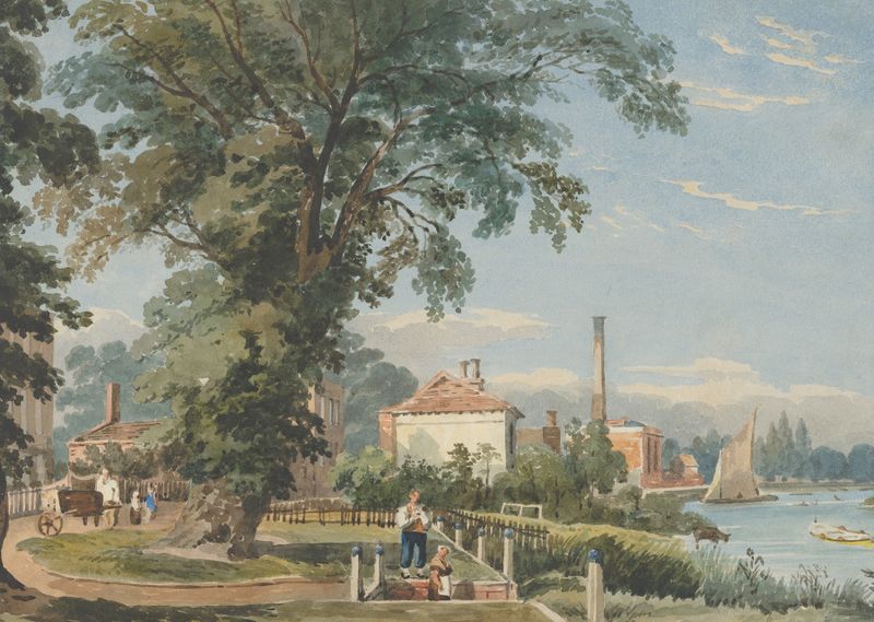 On the Thames at Hammersmith de John Varley, pintura a óleo que retrata uma cena de rio serena.