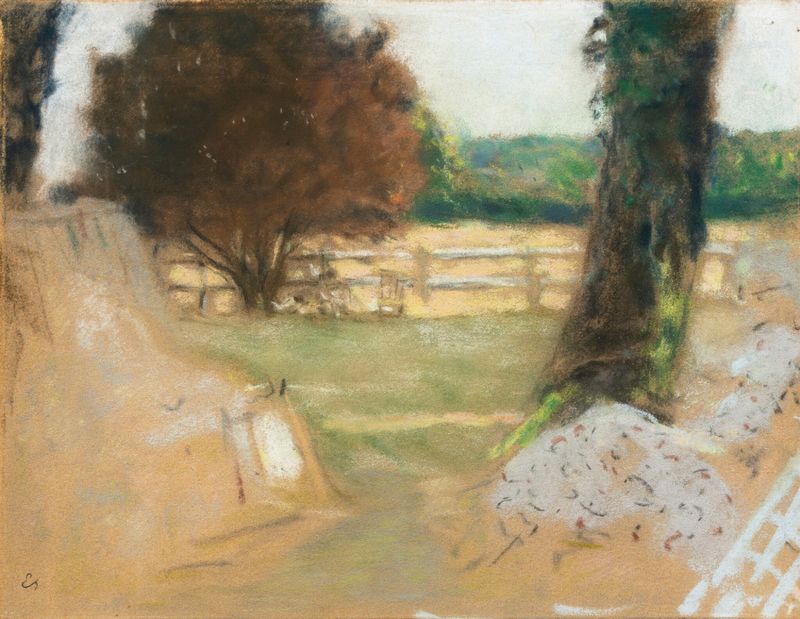 La Barrière blanche aux Clayes de Édouard Vuillard, óleo sobre lienzo, paisaje sereno con una barrera blanca y niebla