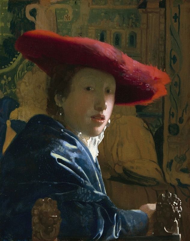 Portrait of a girl wearing a red hat and blue robe, oil on canvas by Johannes Vermeer