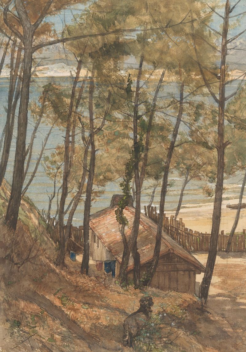 Pintura a óleo de paisagem de August Allebé com colinas e uma casa perto de Arcachon.