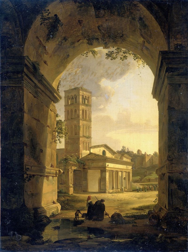 San Giorgio in Velabro in Rome by Antonie Sminck Pitloo, oil painting depicting a church with a soft sky.