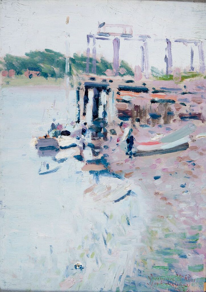 York Harbor, Maine by Denman Waldo Ross, oil on canvas depicting a serene marine landscape.