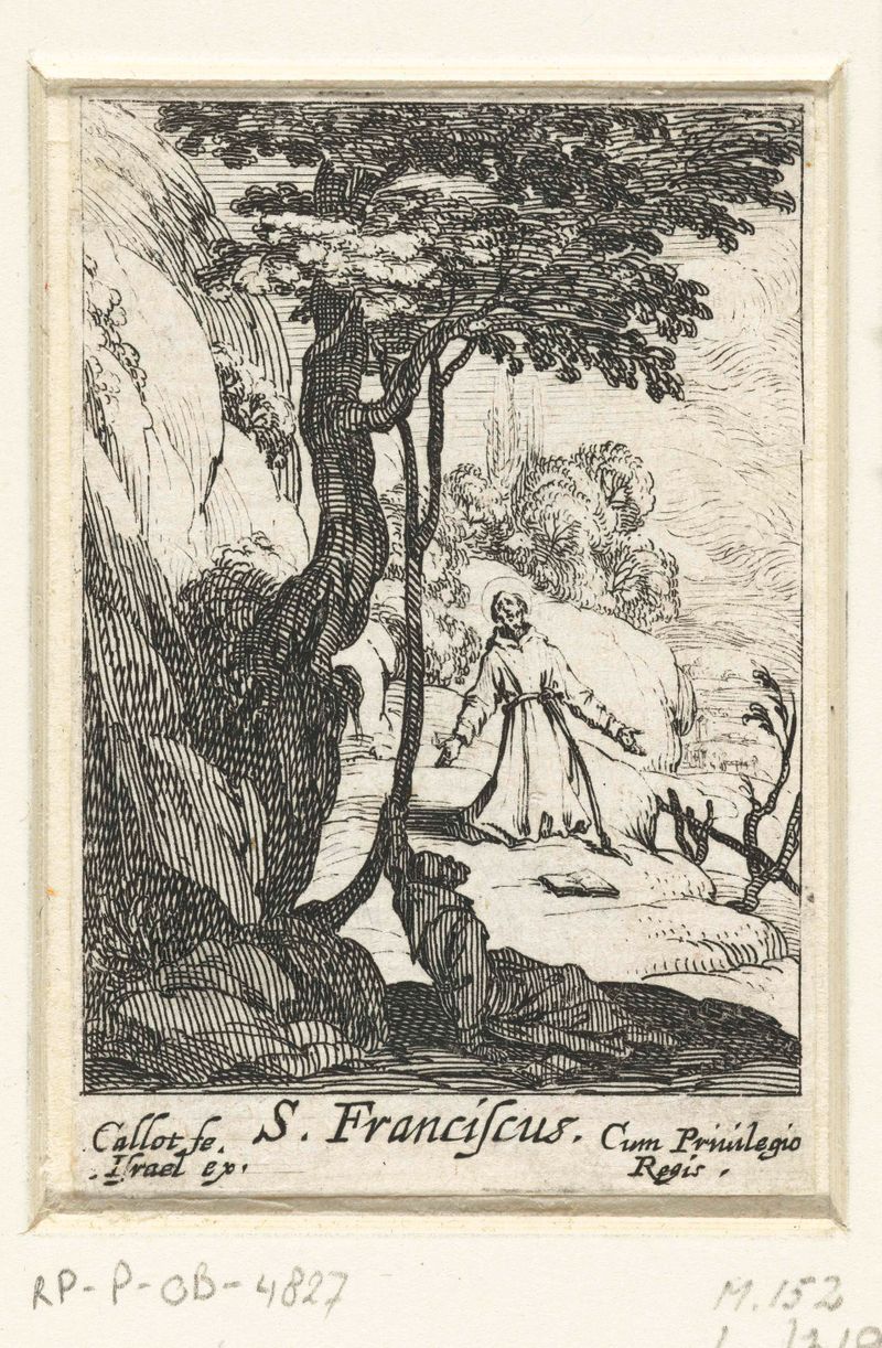 De boetvaardige Franciscus, grabado de Jacques Callot, presenta a un santo en ropas desgastadas.