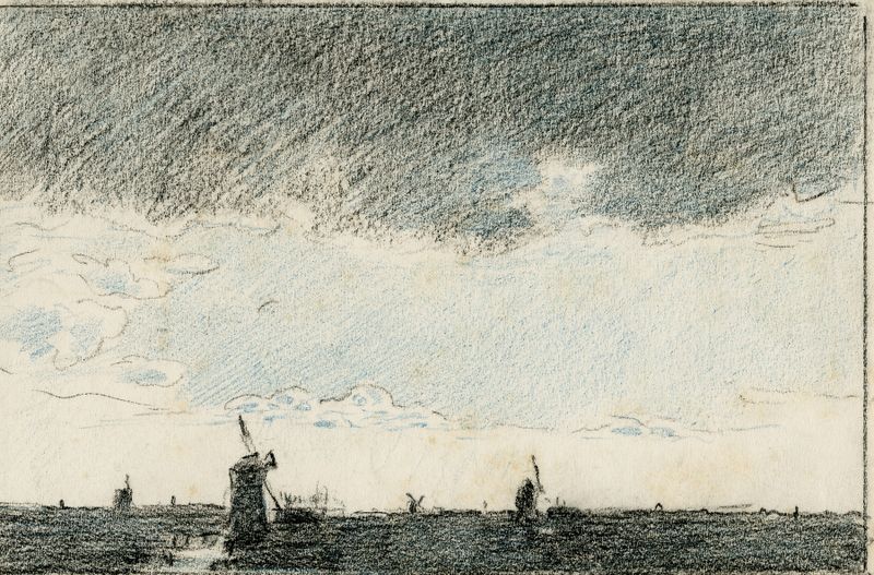 Landscape with windmills and rain, oil painting by Adolf le Comte