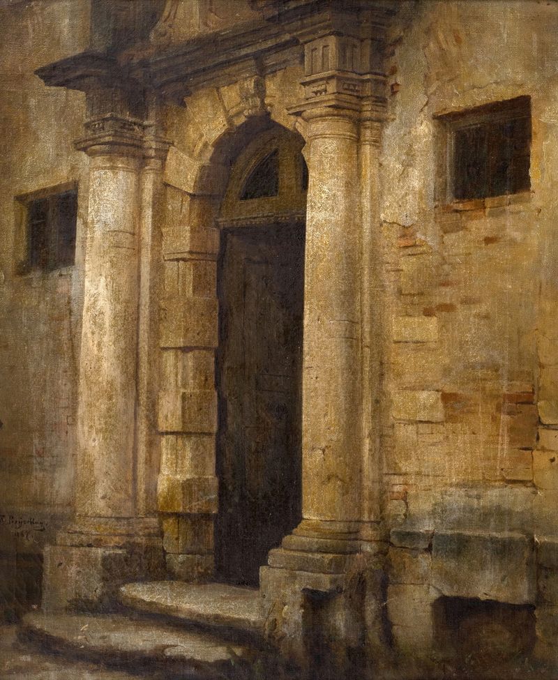 Säulenportal de Robert Beyschlag, óleo sobre tela que retrata uma coluna arquitetônica com luz suave.