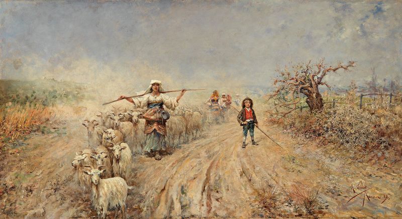 Rafael Senet y Perez oil painting depicting a farmer with sheep in a tranquil landscape