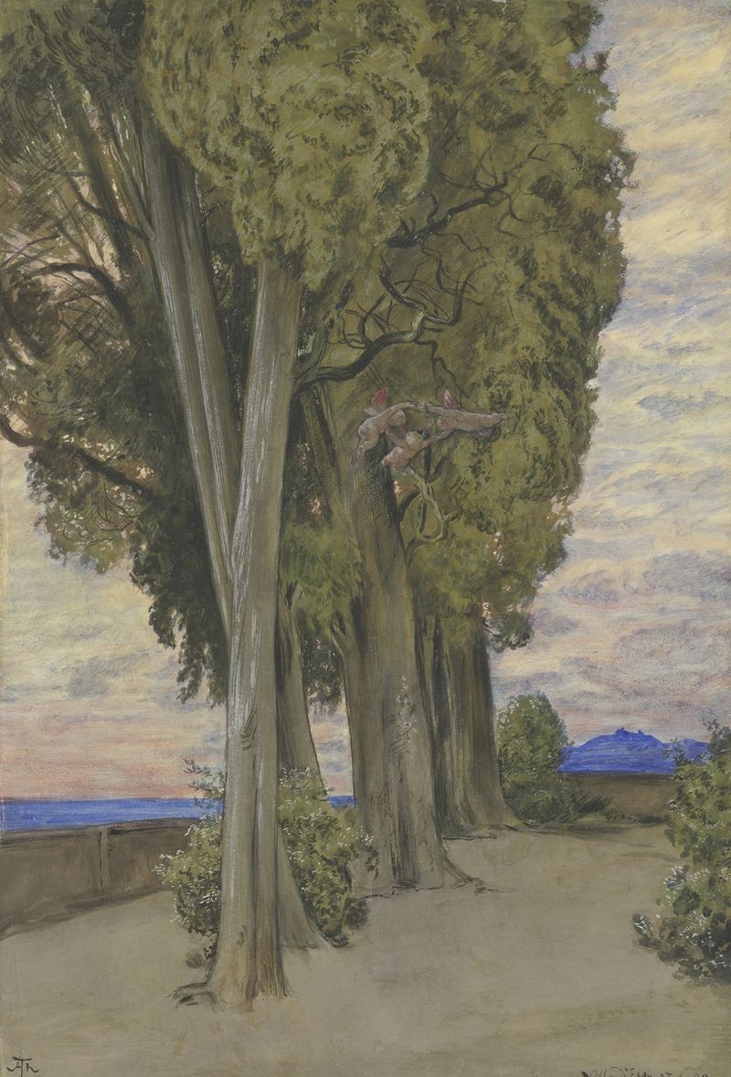 Zypressen in der Villa d’Este, pintura a óleo de Hans Thoma mostrando ciprestes e três putti