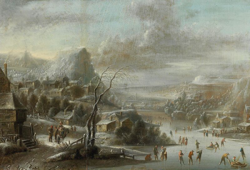 A winter landscape with skaters on a frozen river, oil painting by Johann Christian Vollerdt.