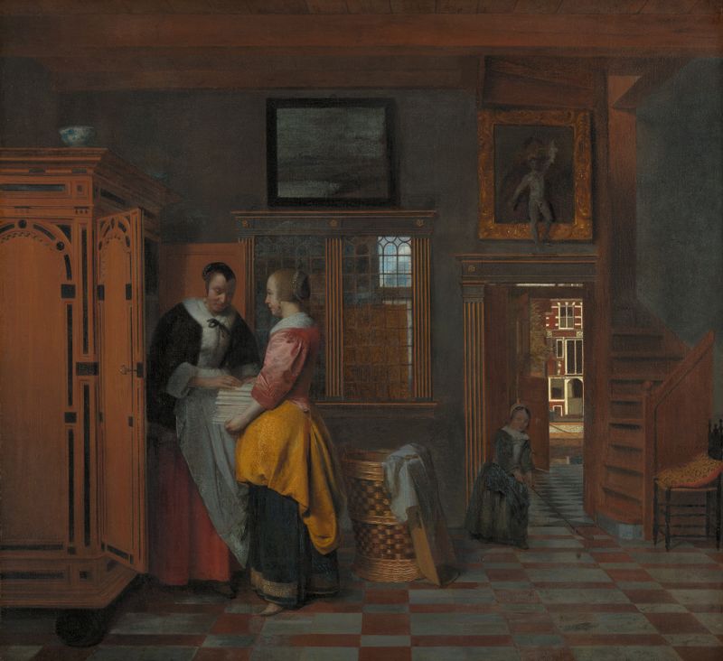 Interior scene with women beside a linen cupboard, oil painting by Pieter de Hooch