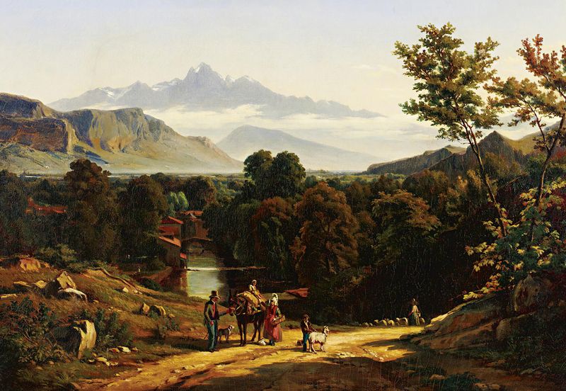 Travelers In A Valley, óleo sobre lienzo de Johann Jakob Biedermann, que muestra figuras en un paisaje tranquilo.