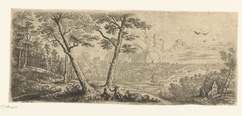 Landschap met twee converserende mannen, gravura de Lucas van Uden, com dois homens em uma paisagem serena.