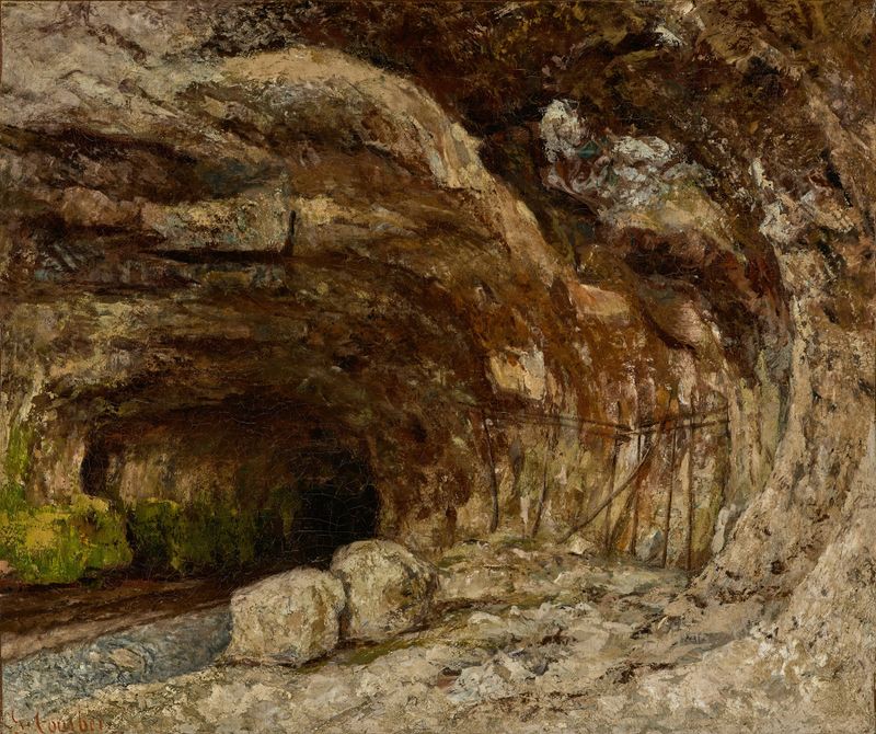 Grotto of Sarrazine near Nans-sous-Sainte-Anne de Gustave Courbet, pintura a óleo de uma paisagem rochosa.