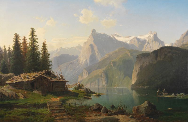 Oil painting by Johannes Bartholomäus Duntze depicting a tranquil lake and mountains at twilight