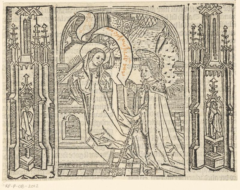 Religious artwork on paper depicting the Virgin Mary and an angel by Master of Delft