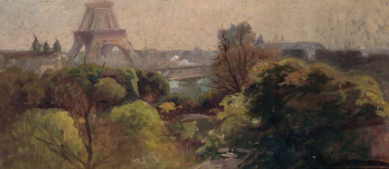 Eiffel Tower at twilight, oil painting by Adolphe-Ernest Gumery